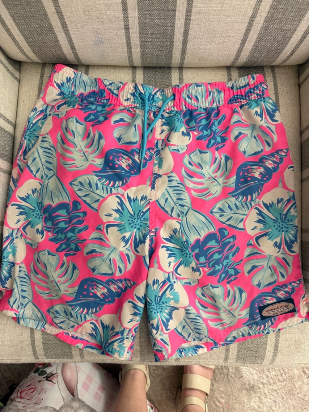 Vineyard Vines Kids Swim Trunks - Pink with Teal & White Floral Print